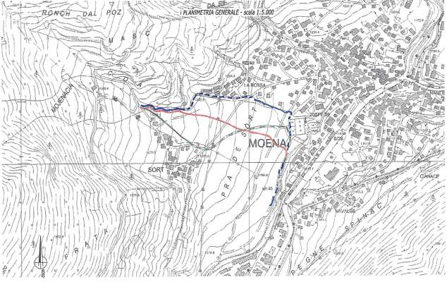 I trei percorsc individué per la strada de Pra de Sort. De checen chel de l’Aministrazion de Comun, de vert chel de Italia Nostra e de brun chel de n grop de sentadins de Sort.
