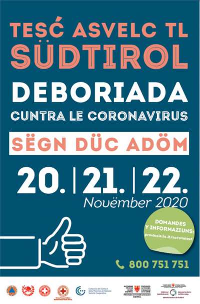 Apel y nvit à to pert ai tesć de massa dl Sudtirol Corona-Screening
