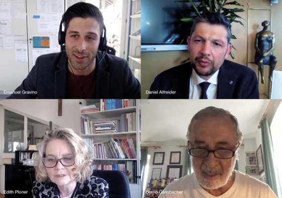 Webinar organisé dal’Intendënza ladina cun l'imunologh Bernd Gänsbacher, l'assessur ladin Daniel Alfreider, l'intendënta Edith Ploner y le moderadú Emanuel Gravino (Screenshot ASP)
