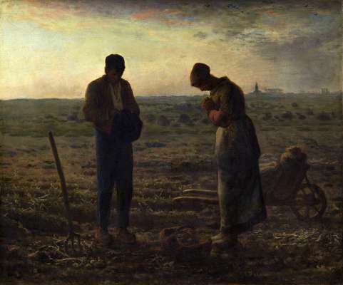 Ntel cuader »L’Angélus« de Jean-François Millet (1858-1859) doi bacagn i lassa via l laor dei cemp per dì su le oraziogn. Ste forme de religiojità nte nuos pais oramai le fas part de la storia. (@ Wikipedia)
