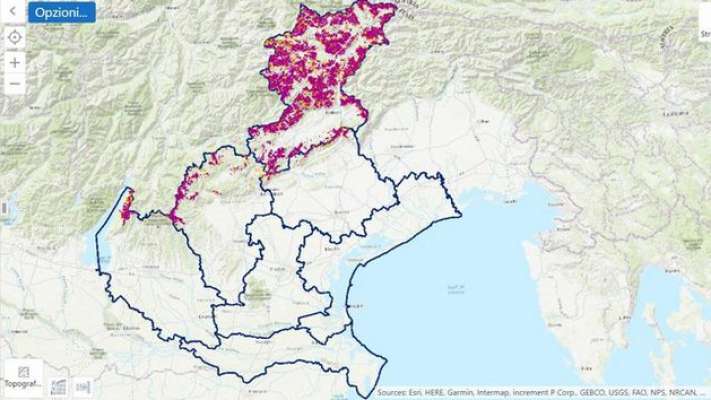 La mapa de le śone da pericol de levine en Veneto. (foto da Arpav)
