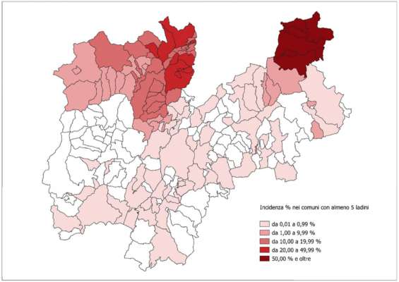 La chèrta con la visualisazion grafica de la consistenza e la dislocazion di ladins tel Trentin. 
