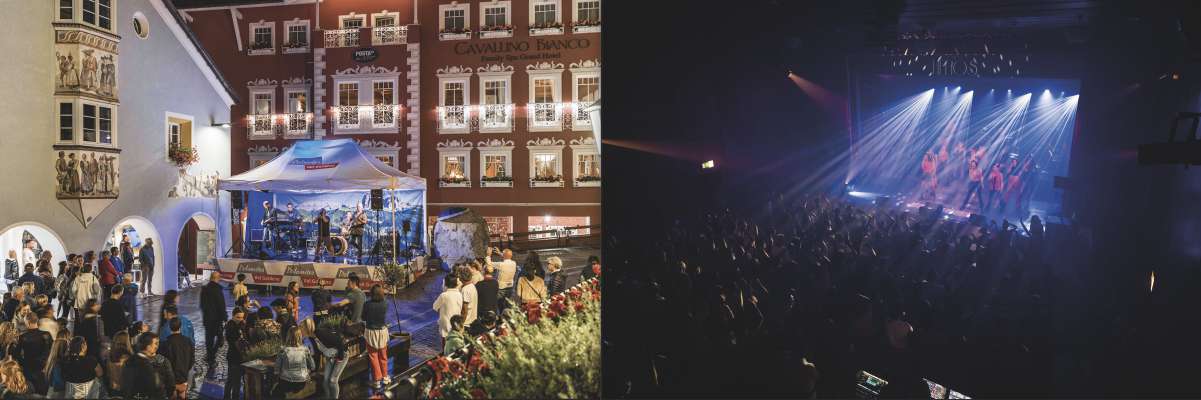 A man ciancia.: i Pëufla n cunzert a Urtijëi, tl raion da jì a pe (foto: ASP); a man drëta: la Grupa Helios ntan si performance te Sëlva, te Cësa de Cultura (foto: Damian Holzknecht).
