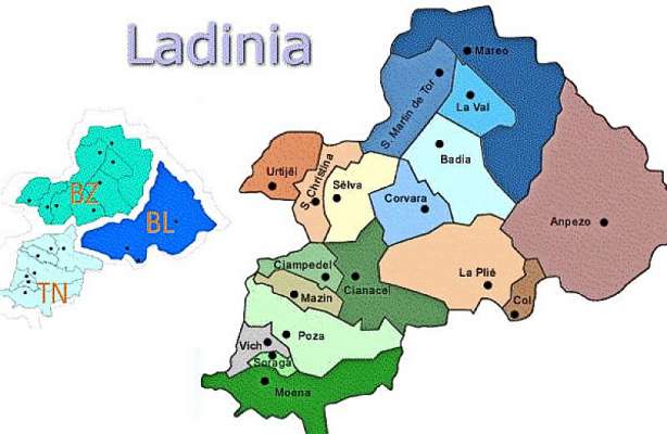 I 17 comun ladins, dal 21.01.1923 spartis fora nte trei Provinzie e doi Region. (© Ladinia.it)
