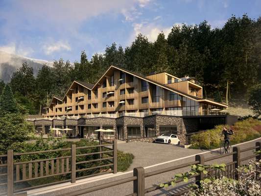 L rendering del hotel nef che vegnarà fat su vin Cercenà da na azienda da foradecà.
